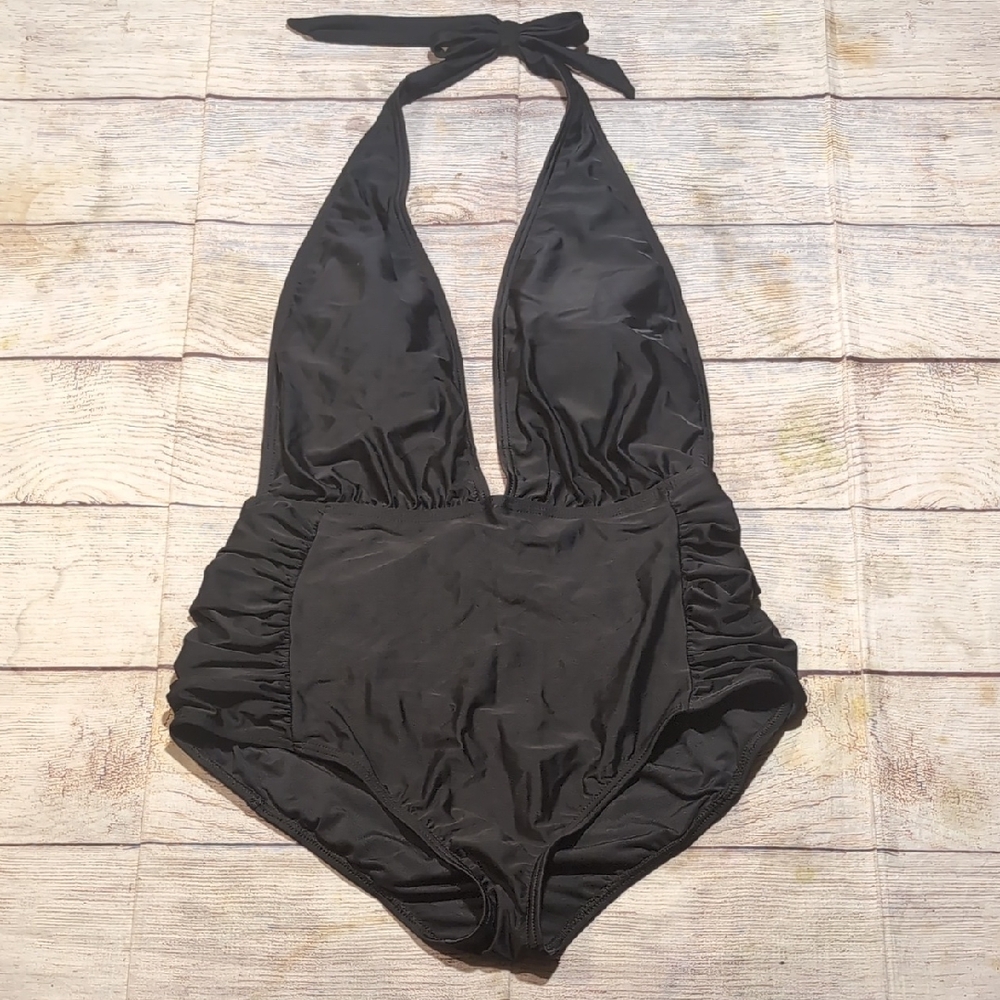 Zeraca Women's One Piece Halter Deep V Neck Black Bathing Suit Size M